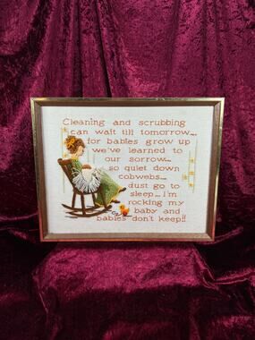 Vintage Framed Crewel Embroidery Wall Art Babies Don't Keep Sunset Designs 1977